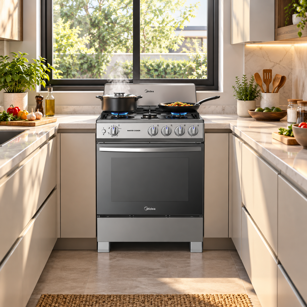 Cocina a Gas Midea 24" 4 Quemadores  MGS24FS1BIABG Acero Inoxidable