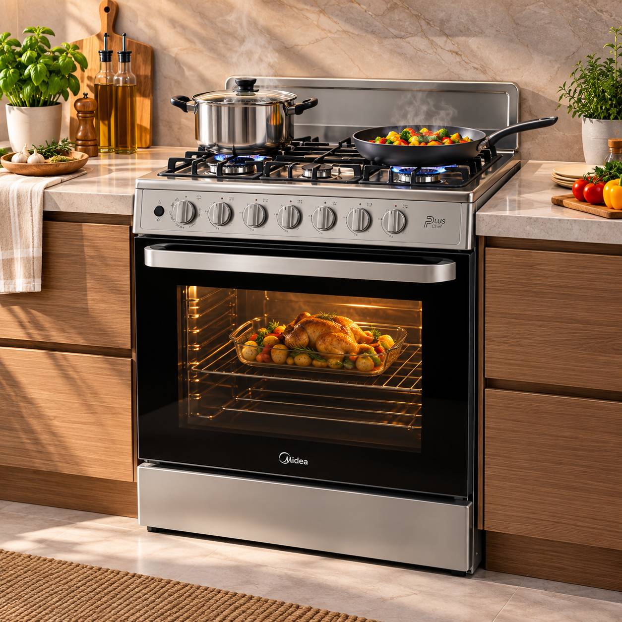 Cocina a Gas Midea 30" 6 Quemadores MGS30FS1BEABG Silver