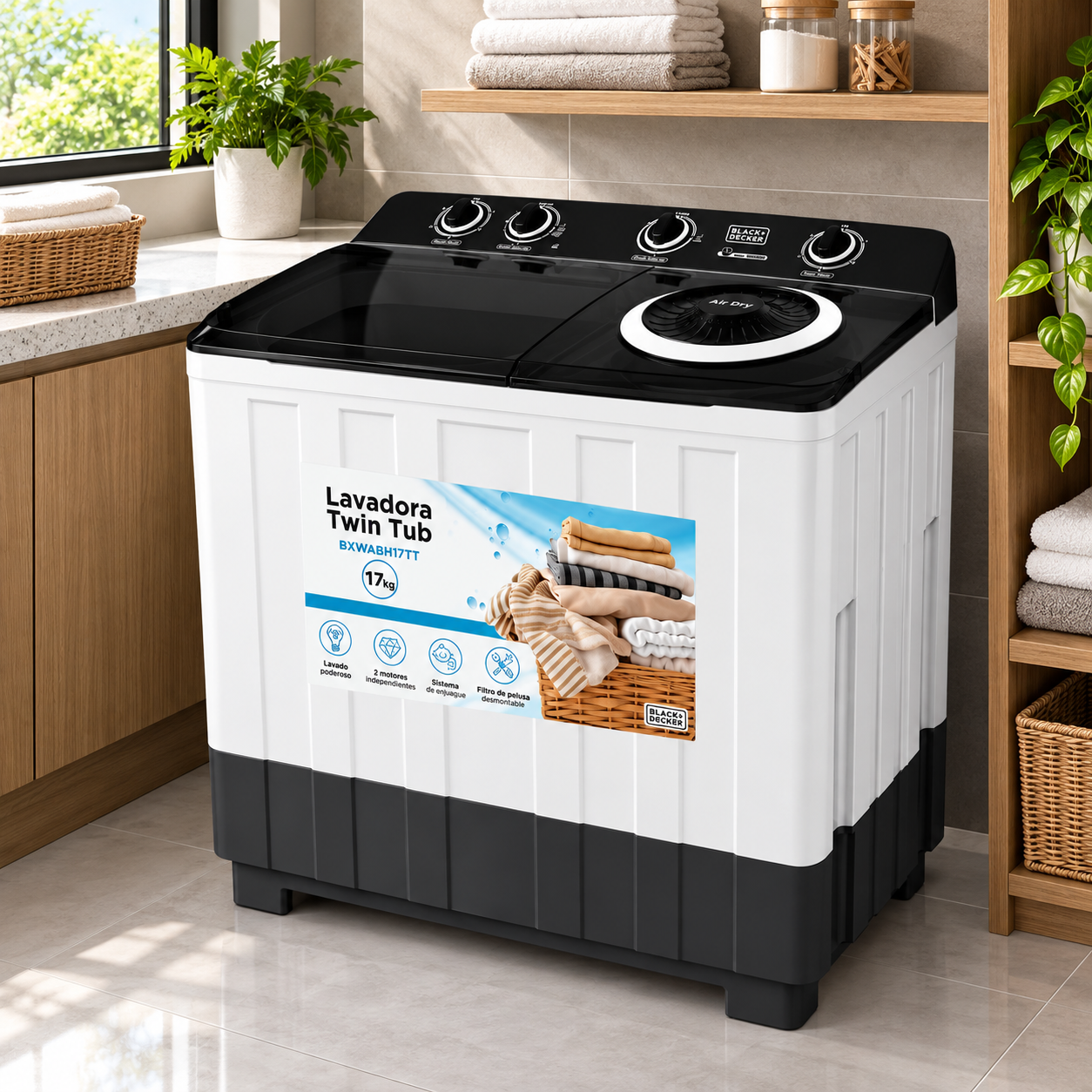 Lavadora Semiautomática Black+Decker 17 Kg Doble Tina Twin Tub BXWABH17TT Blanco