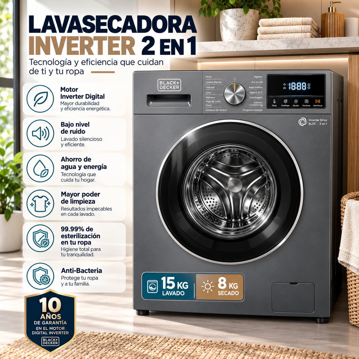 Lavasecadora Black+Decker Carga Frontal 15 kg / 8 kg BXWDBH15FL Gris - imagen 8