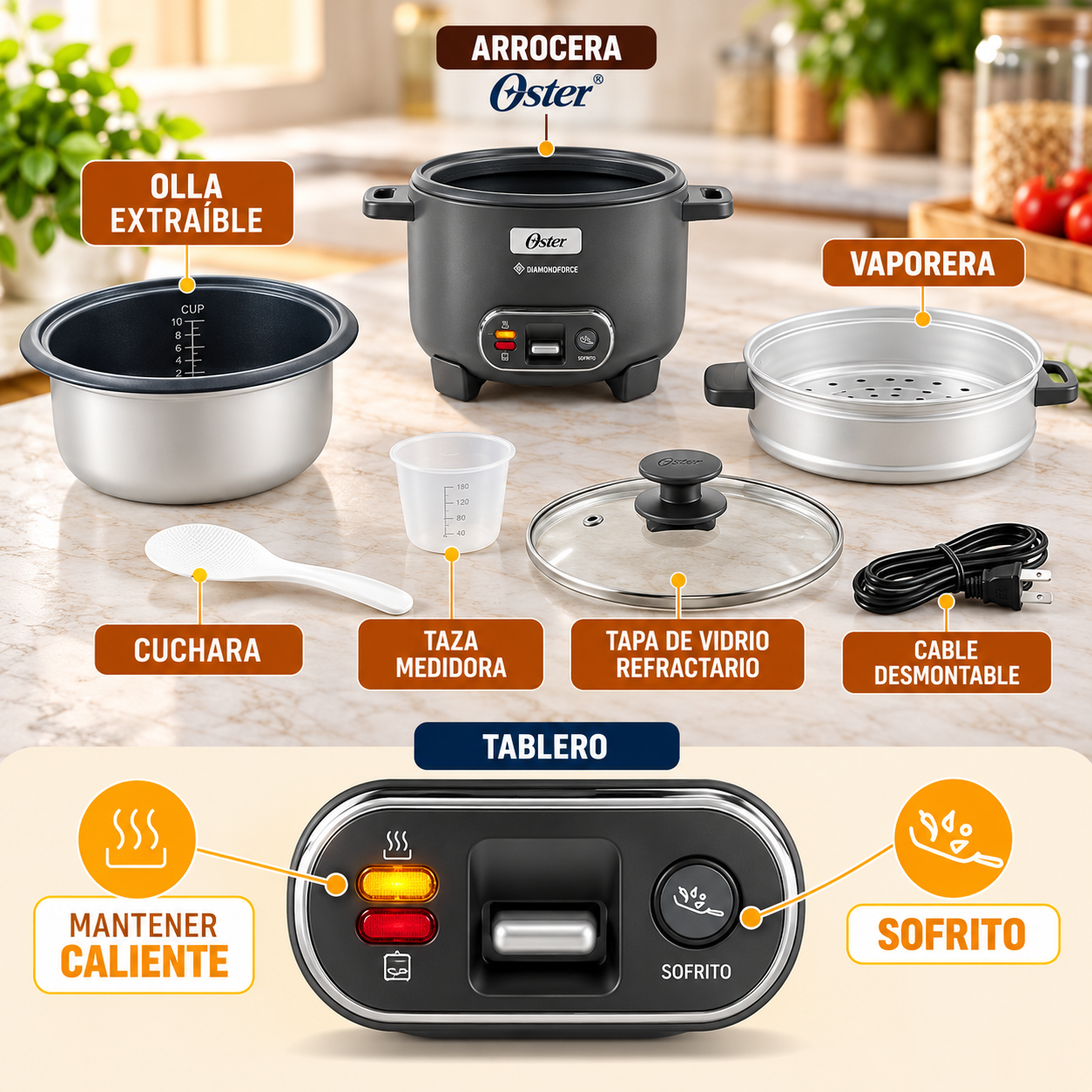 Olla Arrocera Oster  10 Tazas 3 en 1 Con Vaporera Y Sofrito  CKSTRC10DFSKE - imagen 13