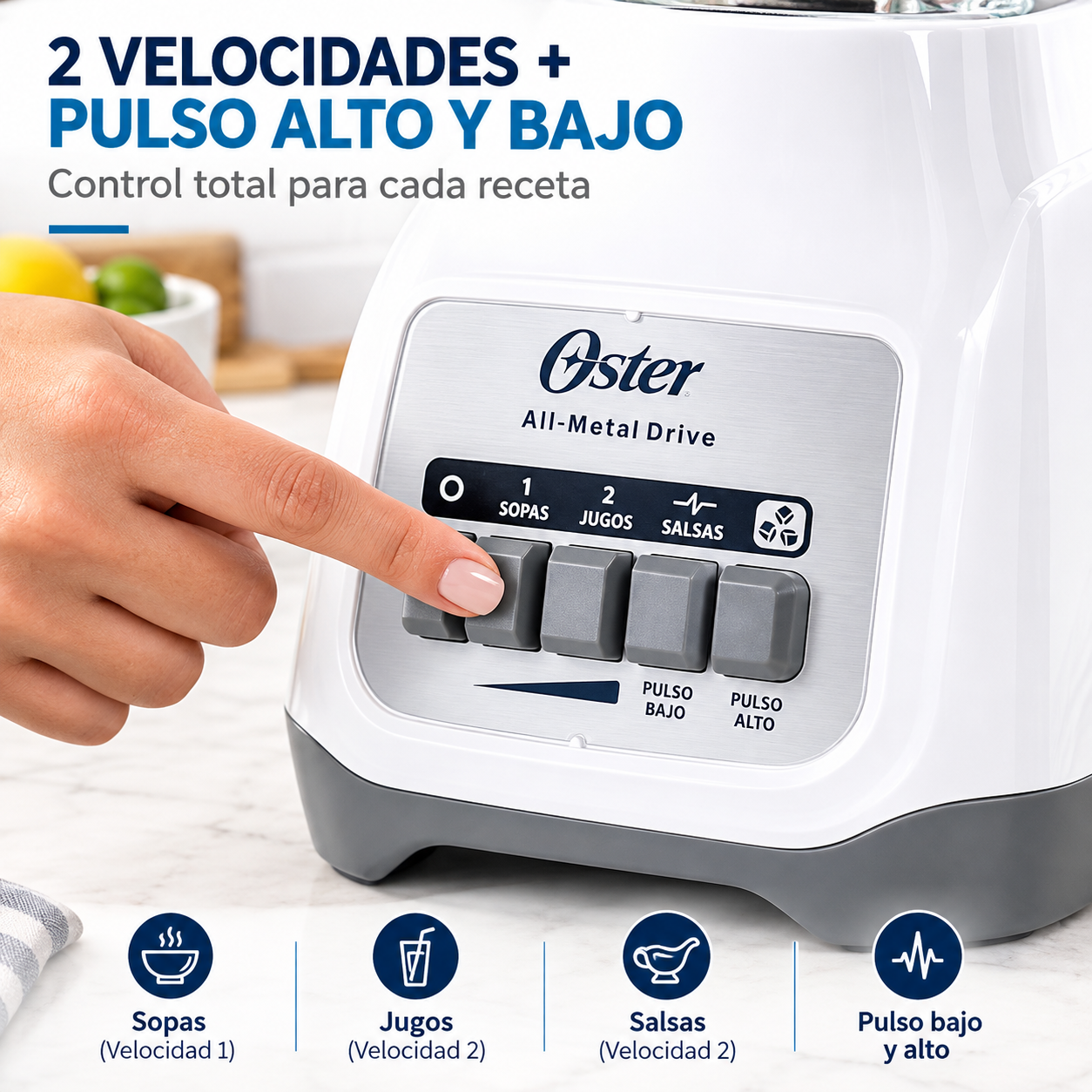 Licuadora Oster 800W de 2 Velocidades con Vaso de Vidrio 1.5L BLSTKAG-WPB Blanca - imagen 6