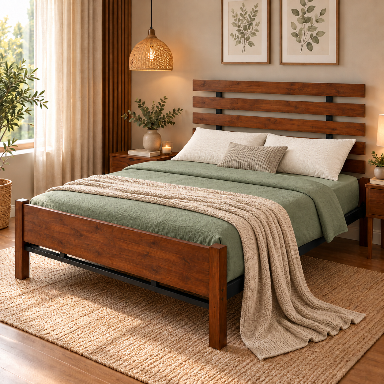 Cama Matrimonial Tokoa de Metal con Respaldo de Madera CA-1709